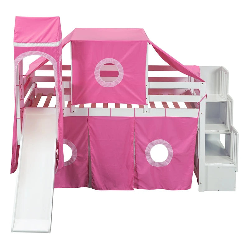 Twin Pine Loft Bed with Staircase, Slide, Tent, Tower, and Guardrail