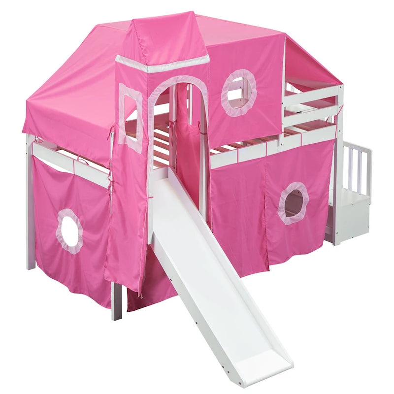 Twin Pine Loft Bed with Staircase, Slide, Tent, Tower, and Guardrail