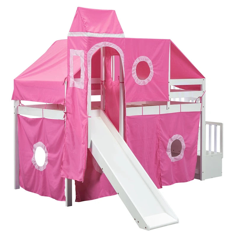 Twin Pine Loft Bed with Staircase, Slide, Tent, Tower, and Guardrail