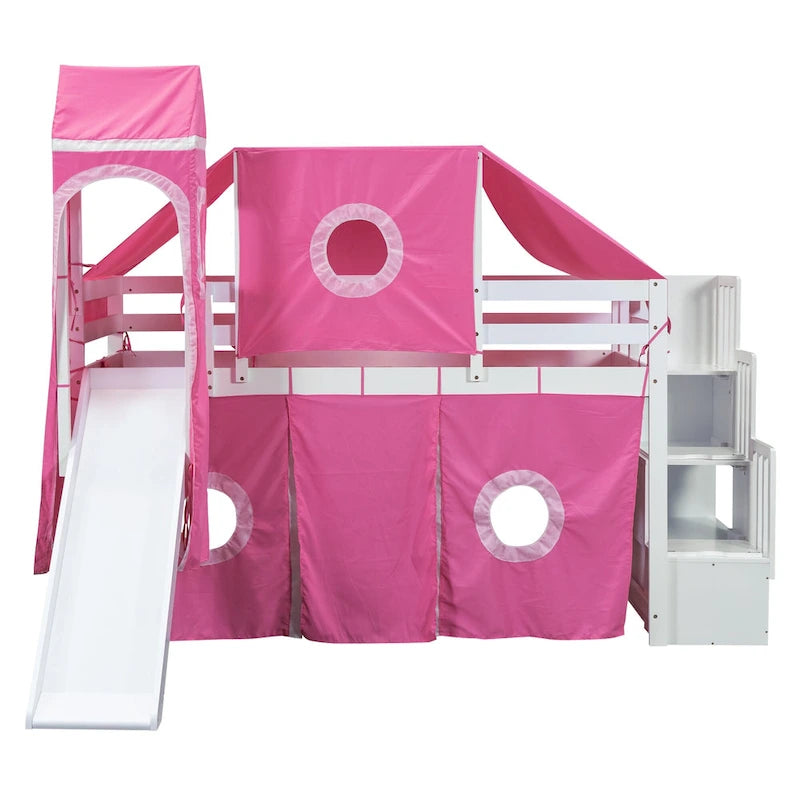 Twin Pine Loft Bed with Staircase, Slide, Tent, Tower, and Guardrail