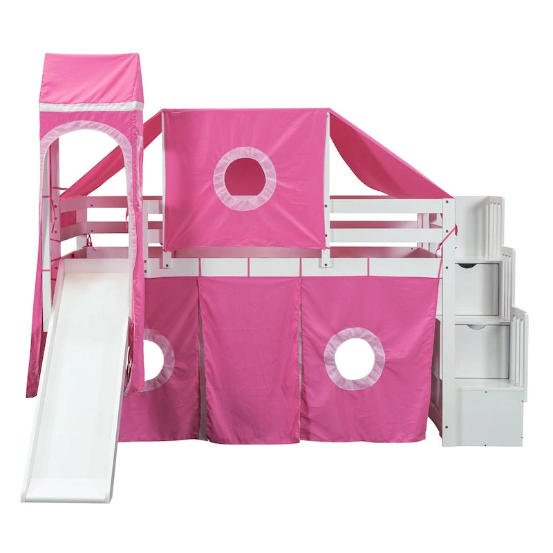 Twin Pine Loft Bed with Staircase, Slide, Tent, Tower, and Guardrail