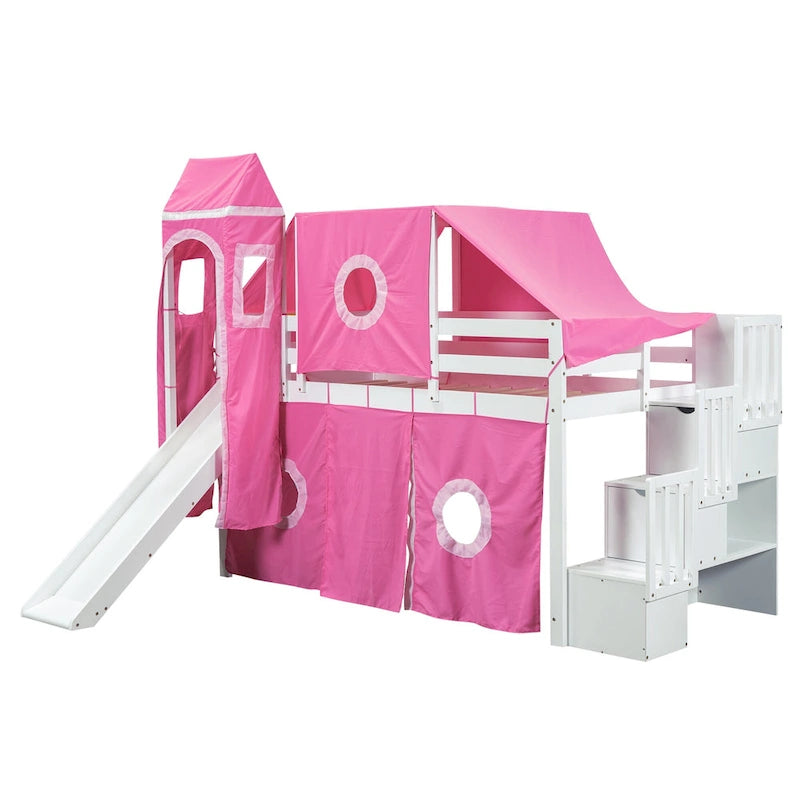Twin Pine Loft Bed with Staircase, Slide, Tent, Tower, and Guardrail