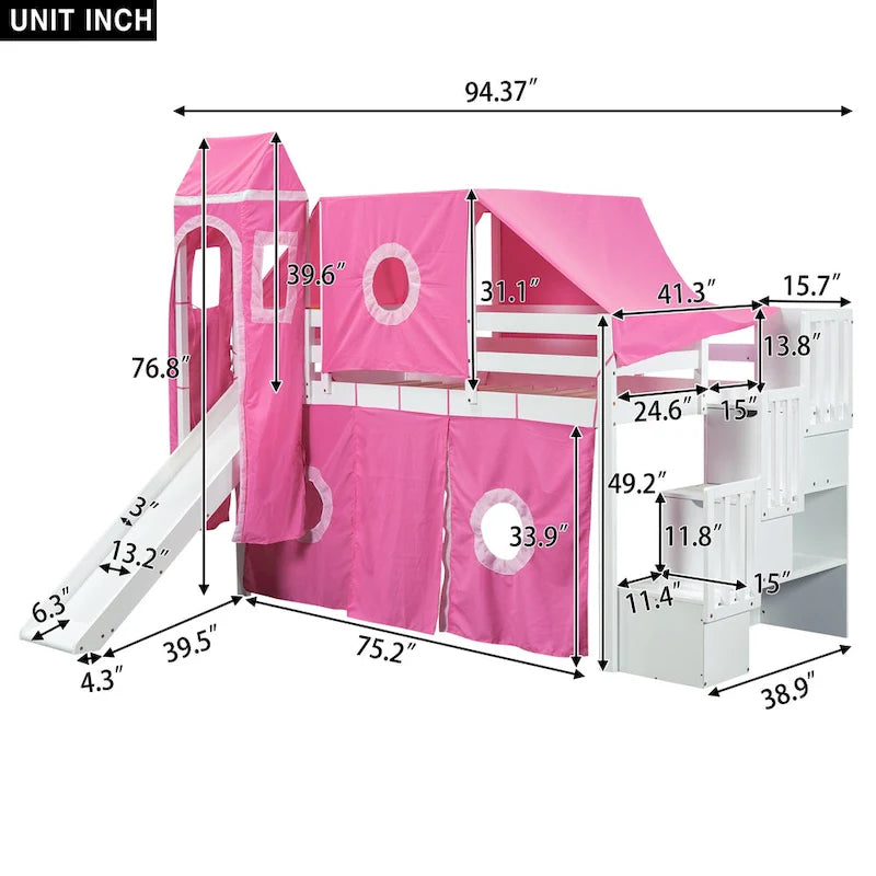 Twin Pine Loft Bed with Staircase, Slide, Tent, Tower, and Guardrail
