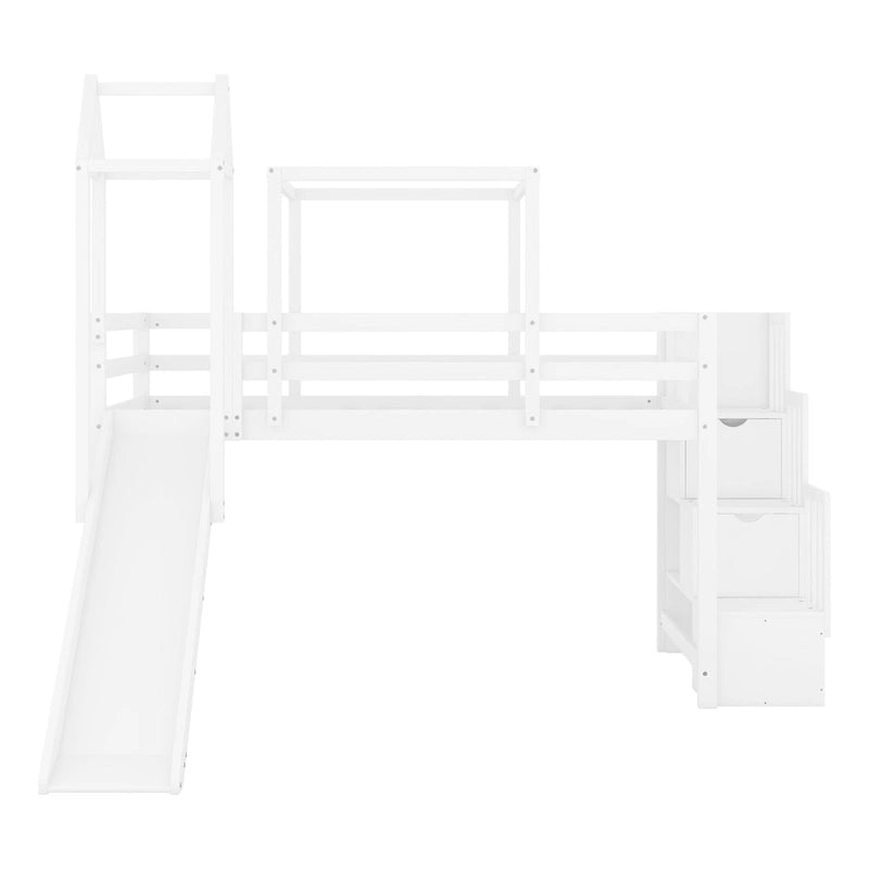 Twin Pine Loft Bed with Staircase, Slide, Tent, Tower, and Guardrail