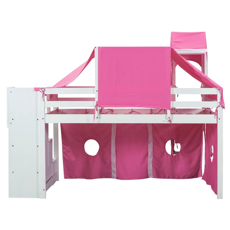 Twin Pine Loft Bed with Staircase, Slide, Tent, Tower, and Guardrail