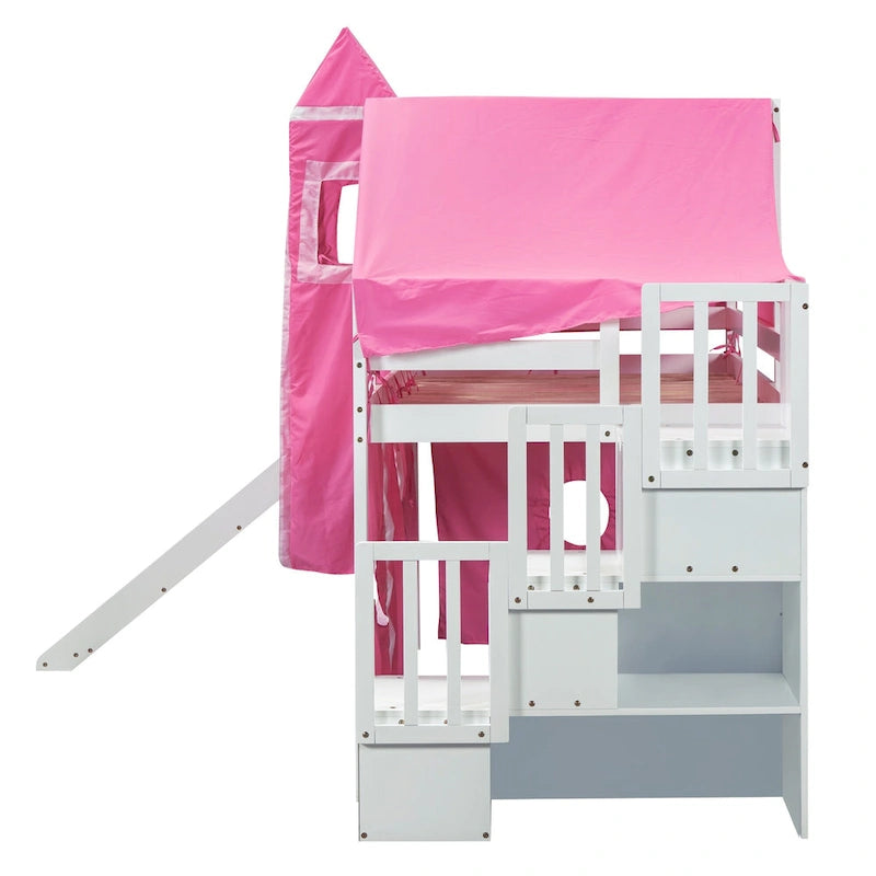 Twin Pine Loft Bed with Staircase, Slide, Tent, Tower, and Guardrail