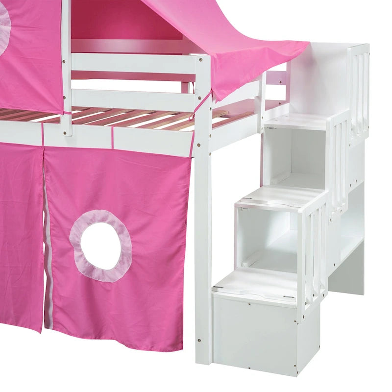 Twin Pine Loft Bed with Staircase, Slide, Tent, Tower, and Guardrail