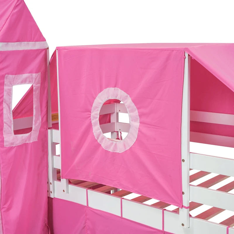 Twin Pine Loft Bed with Staircase, Slide, Tent, Tower, and Guardrail