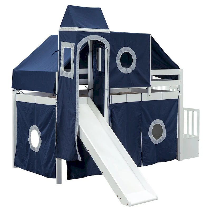 Twin Pine Loft Bed with Staircase, Slide, Tent, Tower, and Guardrail