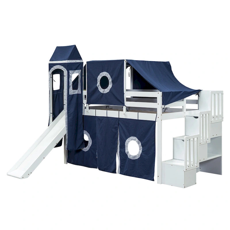 Twin Pine Loft Bed with Staircase, Slide, Tent, Tower, and Guardrail