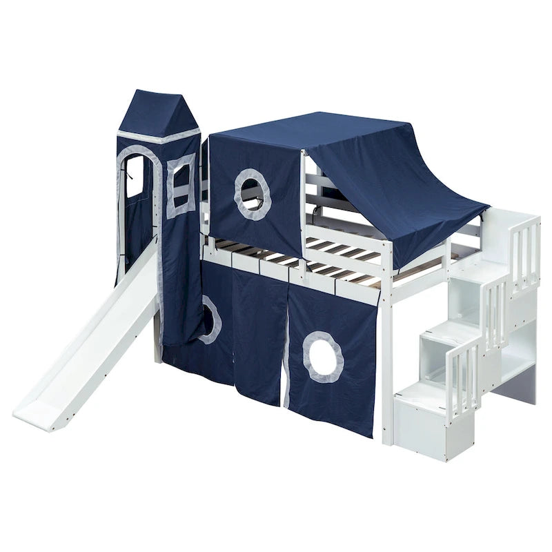 Twin Pine Loft Bed with Staircase, Slide, Tent, Tower, and Guardrail