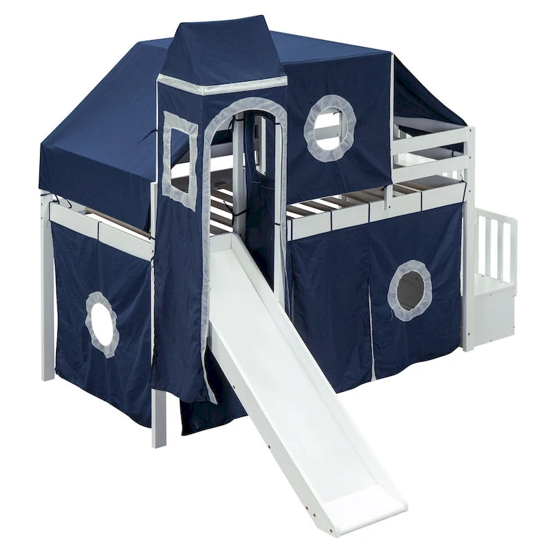Twin Pine Loft Bed with Staircase, Slide, Tent, Tower, and Guardrail