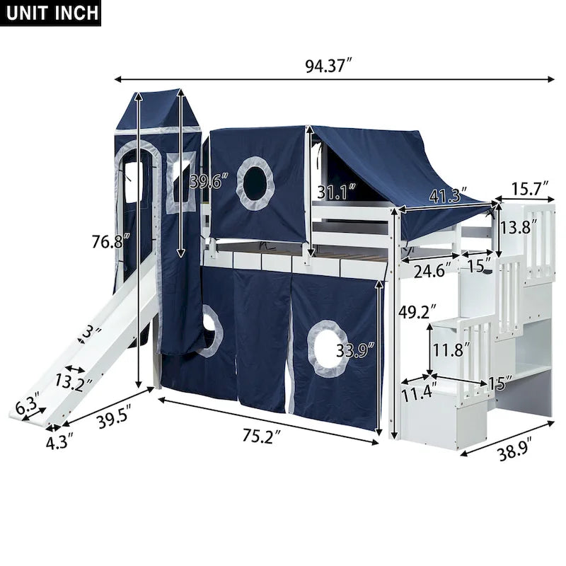 Twin Pine Loft Bed with Staircase, Slide, Tent, Tower, and Guardrail