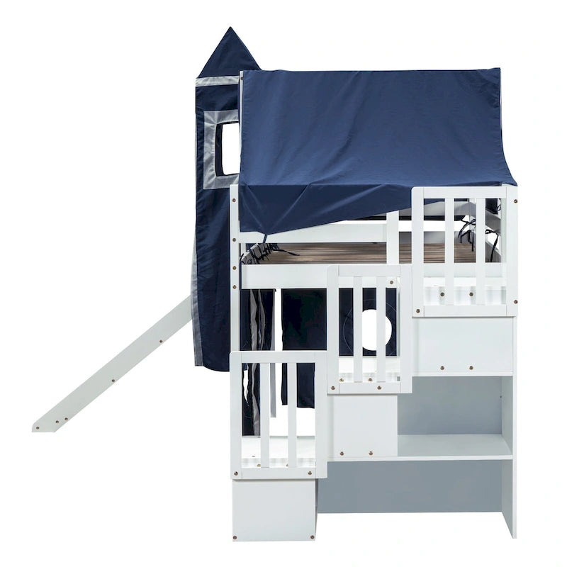 Twin Pine Loft Bed with Staircase, Slide, Tent, Tower, and Guardrail