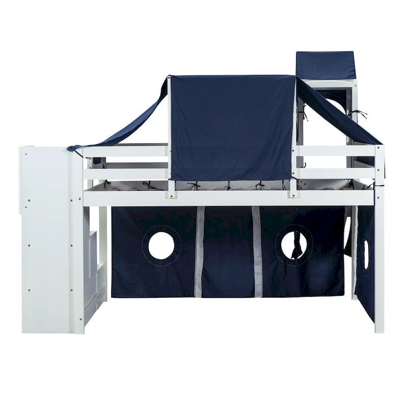 Twin Pine Loft Bed with Staircase, Slide, Tent, Tower, and Guardrail