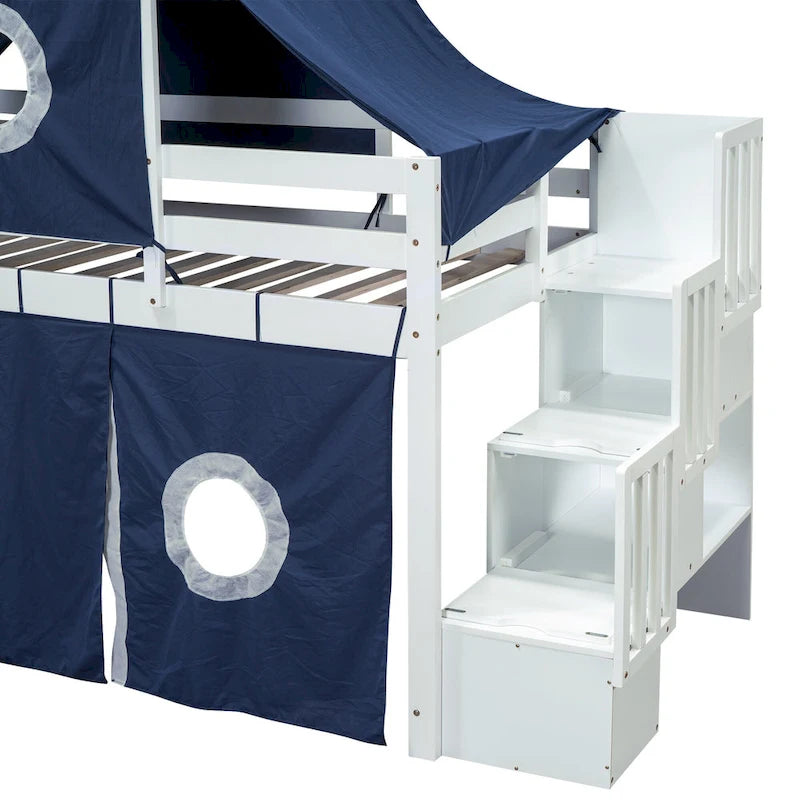 Twin Pine Loft Bed with Staircase, Slide, Tent, Tower, and Guardrail
