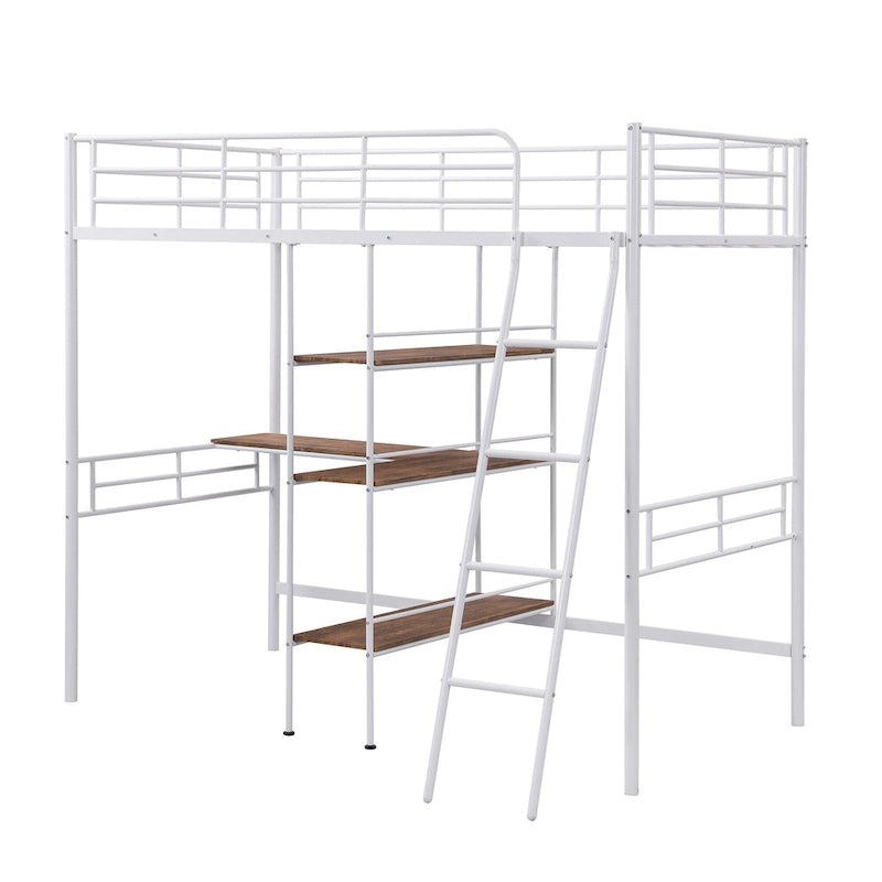 White Twin Low Loft Bed with Ladder and Safety Fence for Children
