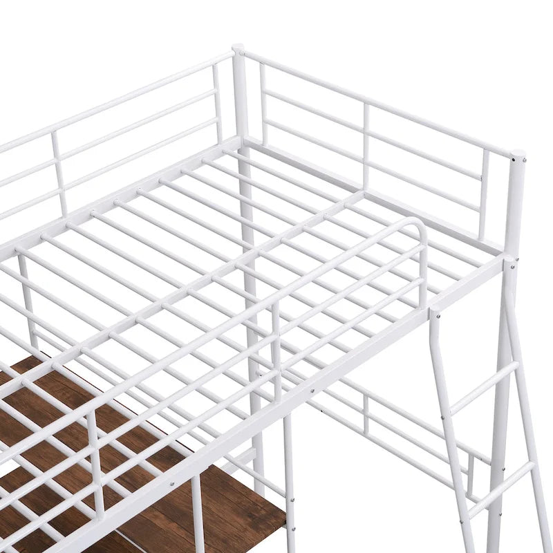 White Twin Low Loft Bed with Ladder and Safety Fence for Children