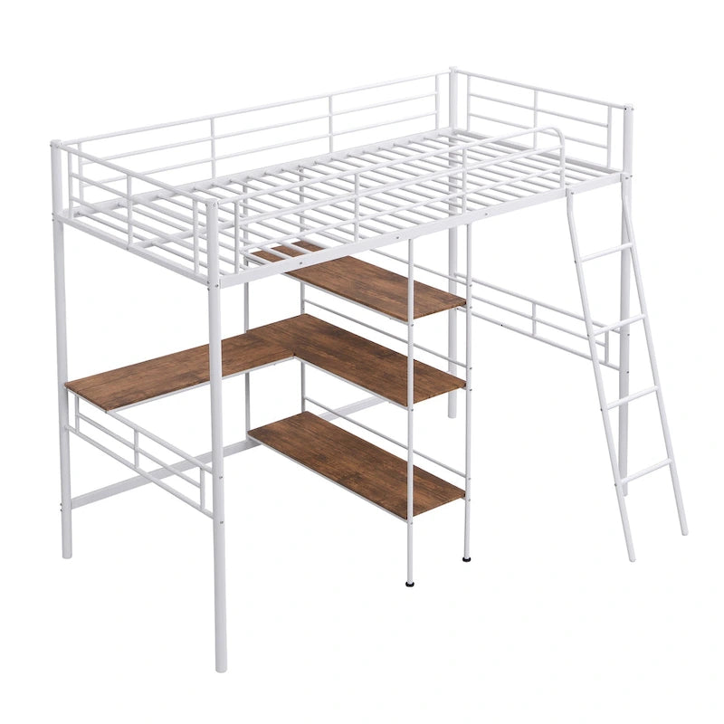White Twin Low Loft Bed with Ladder and Safety Fence for Children
