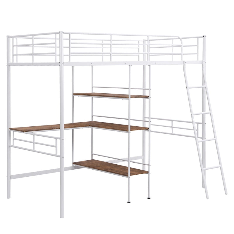 White Twin Low Loft Bed with Ladder and Safety Fence for Children