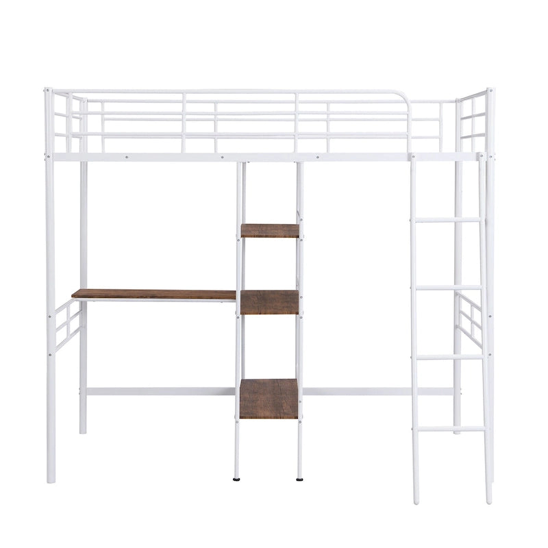 White Twin Low Loft Bed with Ladder and Safety Fence for Children