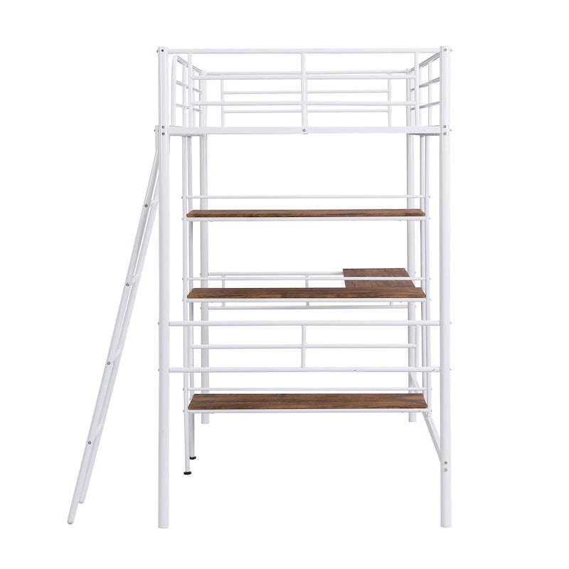 White Twin Low Loft Bed with Ladder and Safety Fence for Children