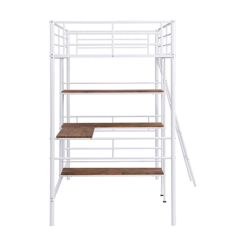White Twin Low Loft Bed with Ladder and Safety Fence for Children