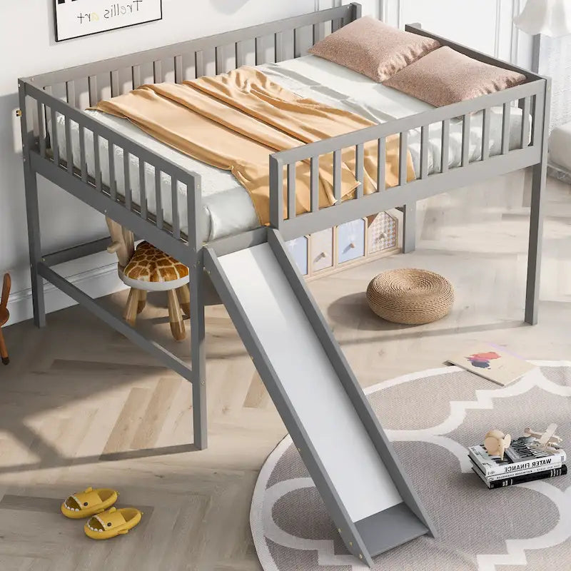 Full Pine Low Loft Bed with Slide
