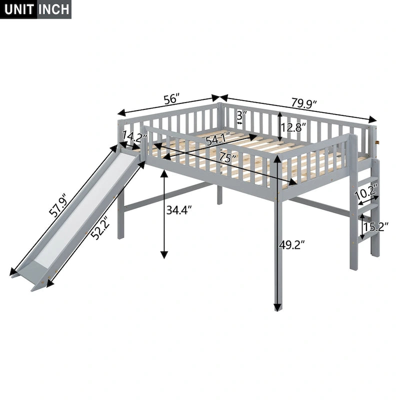 Full Pine Low Loft Bed with Slide