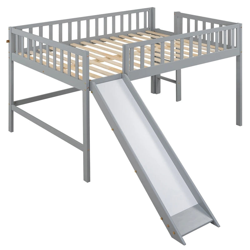 Full Pine Low Loft Bed with Slide