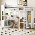 Off White Full Size Metal Loft Bed with Wardrobe, Desk, and Storage Shelves