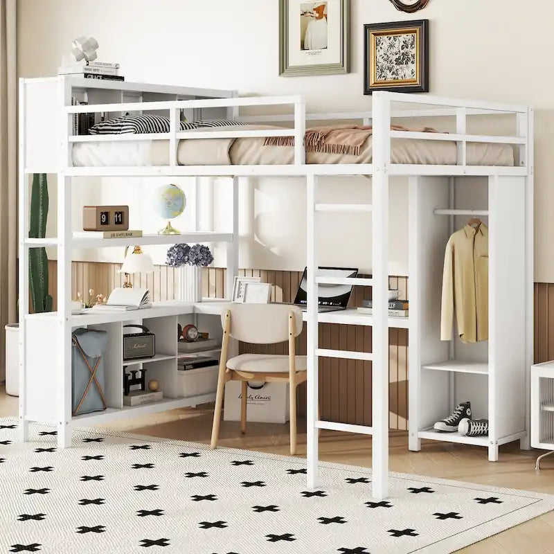 Off White Full Size Metal Loft Bed with Wardrobe, Desk, and Storage Shelves