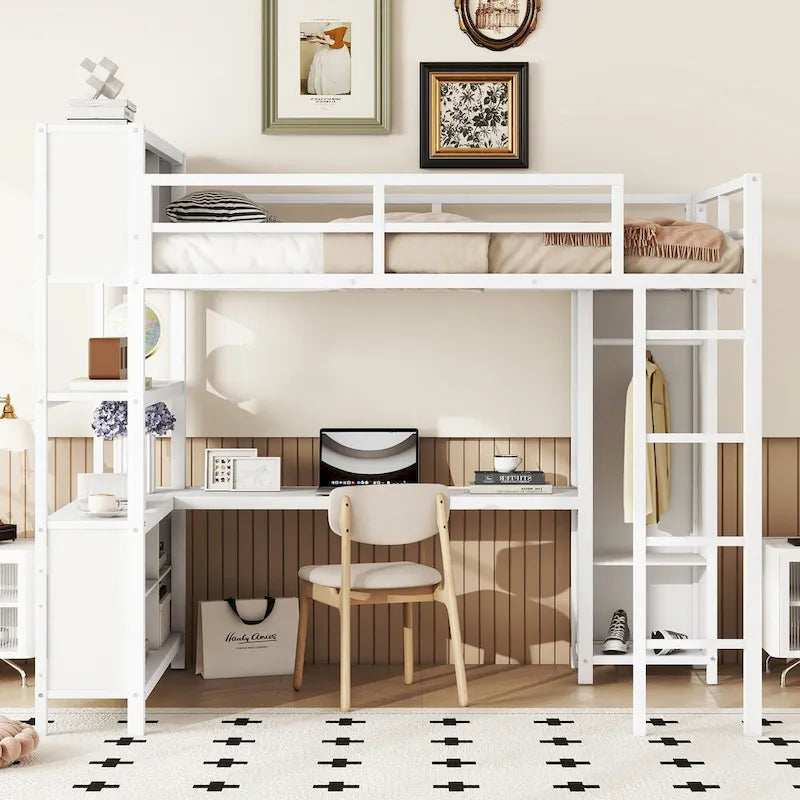 Off White Full Size Metal Loft Bed with Wardrobe, Desk, and Storage Shelves