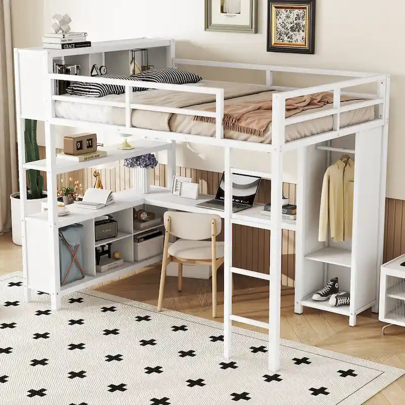 Off White Full Size Metal Loft Bed with Wardrobe, Desk, and Storage Shelves