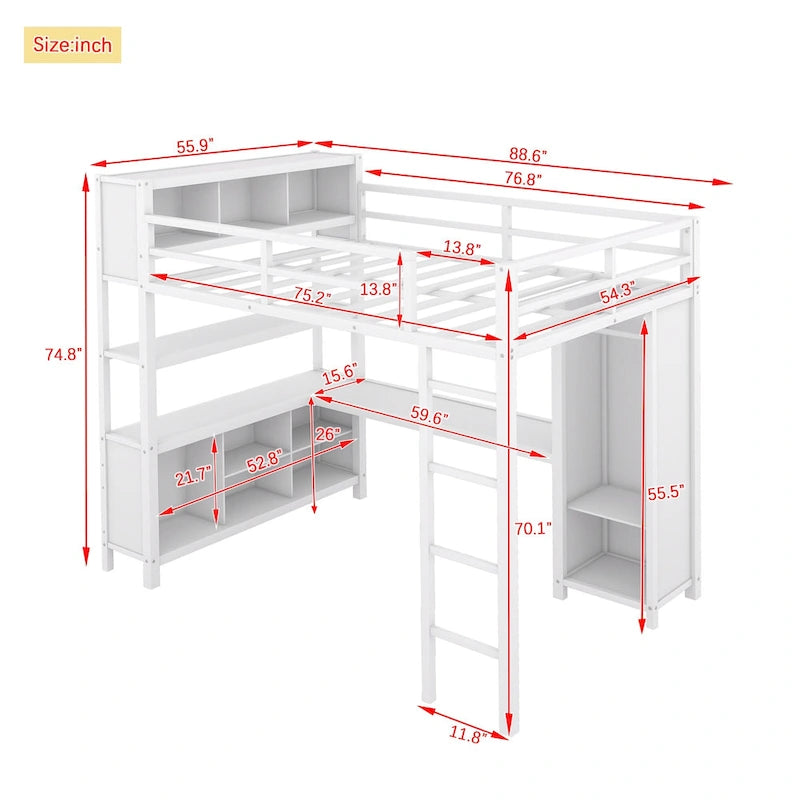 Off White Full Size Metal Loft Bed with Wardrobe, Desk, and Storage Shelves