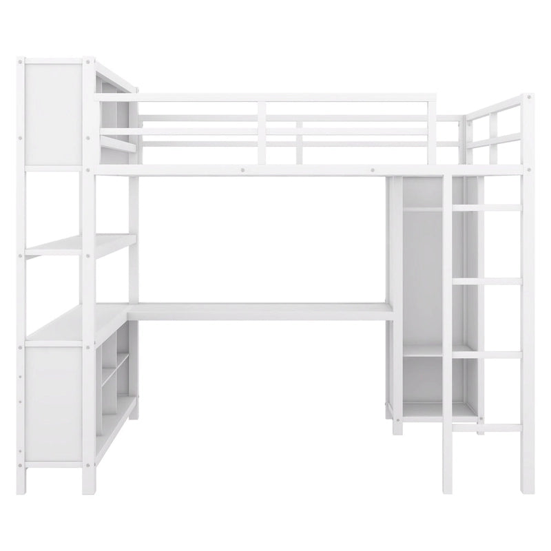 Off White Full Size Metal Loft Bed with Wardrobe, Desk, and Storage Shelves