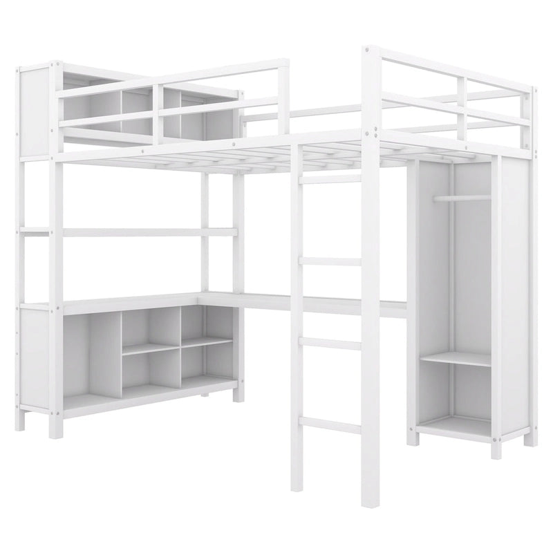 Off White Full Size Metal Loft Bed with Wardrobe, Desk, and Storage Shelves