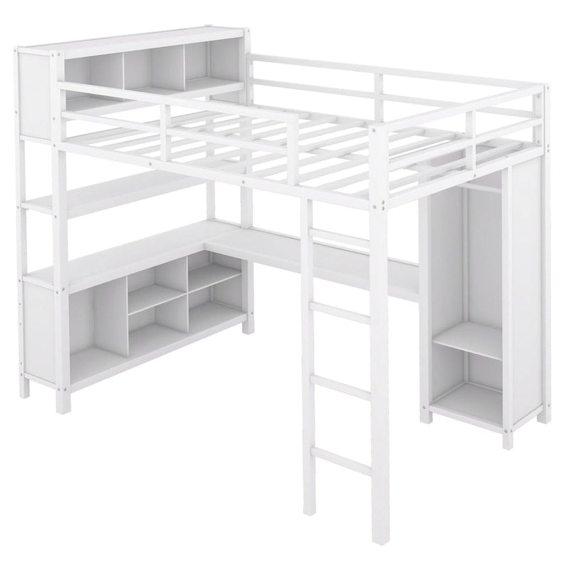 Off White Full Size Metal Loft Bed with Wardrobe, Desk, and Storage Shelves