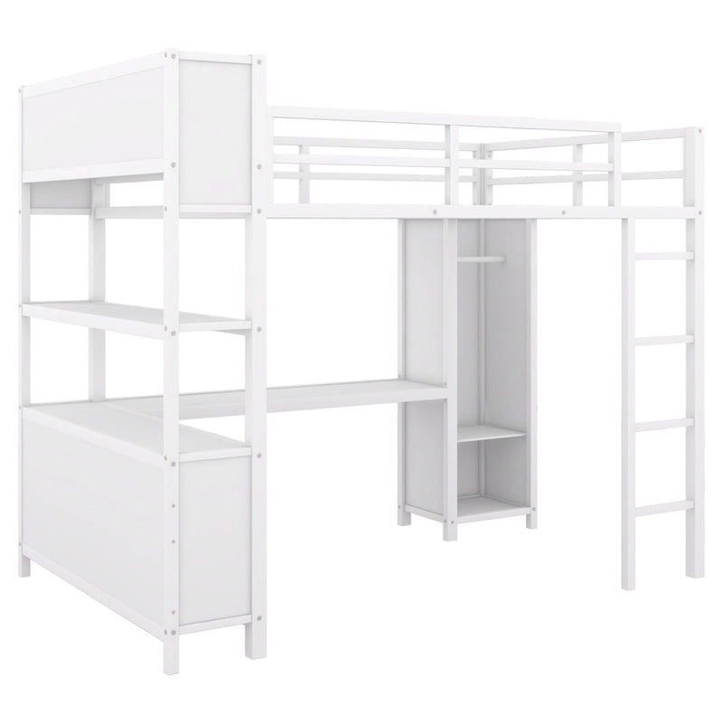 Off White Full Size Metal Loft Bed with Wardrobe, Desk, and Storage Shelves