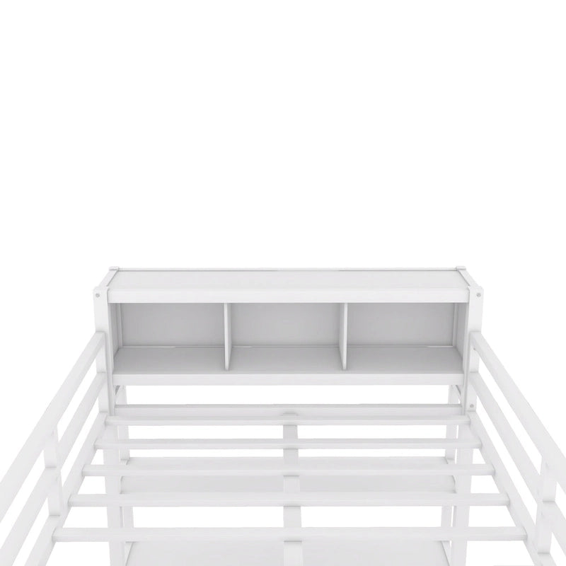 Off White Full Size Metal Loft Bed with Wardrobe, Desk, and Storage Shelves
