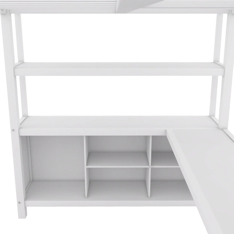 Off White Full Size Metal Loft Bed with Wardrobe, Desk, and Storage Shelves
