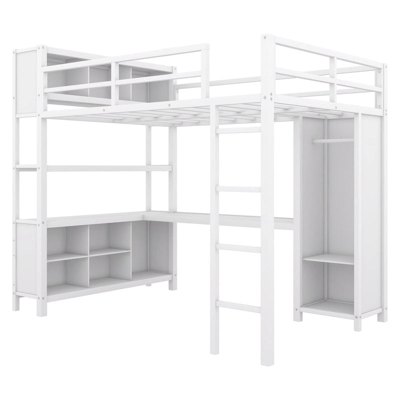 Off White Full Size Metal Loft Bed with Wardrobe, Desk, and Storage Shelves