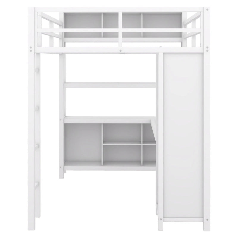 Off White Full Size Metal Loft Bed with Wardrobe, Desk, and Storage Shelves