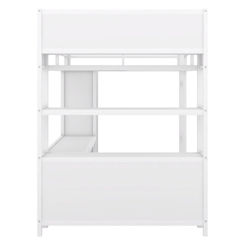 Off White Full Size Metal Loft Bed with Wardrobe, Desk, and Storage Shelves