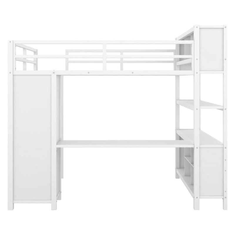 Off White Full Size Metal Loft Bed with Wardrobe, Desk, and Storage Shelves