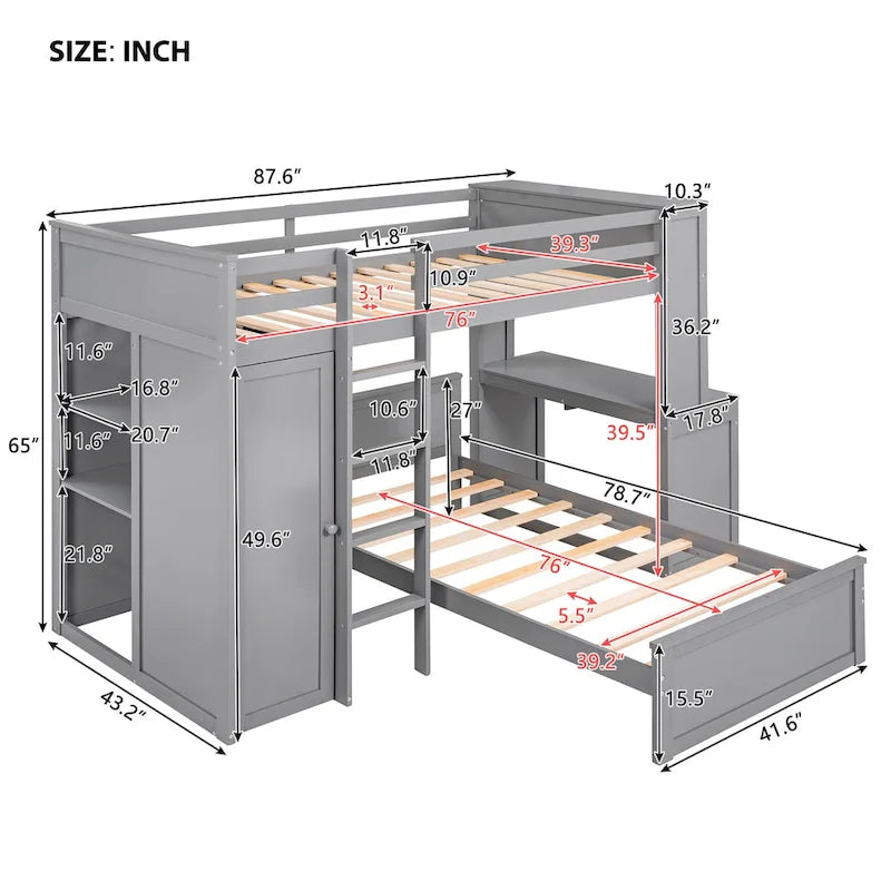 Twin over Twin Pine Loft Bed with Stand-alone