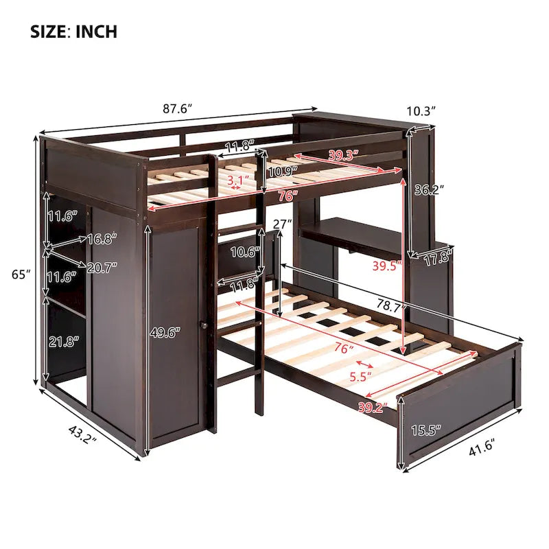 Twin over Twin Pine Loft Bed with Stand-alone