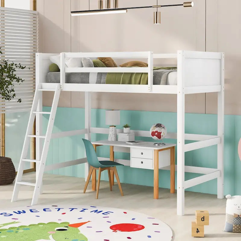 White Twin Metal Loft Bed with Built-in Desk and Storage Shelves