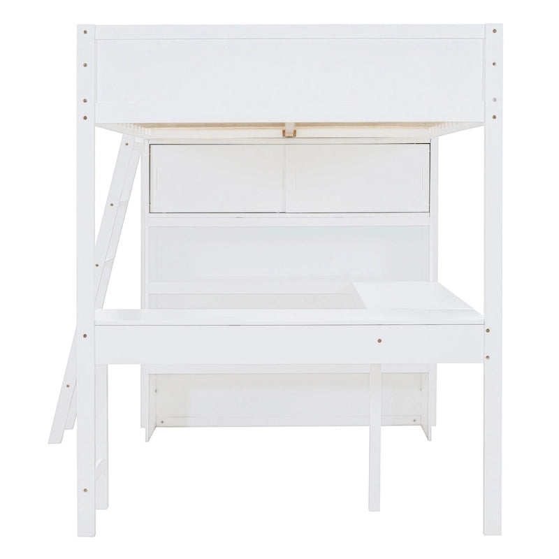 White Full Solid Wood Loft Bed with Desk & Shelf