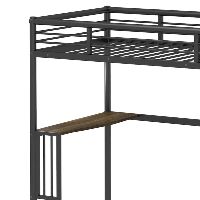 Black Twin Metal Loft Bed with Desk & Guardrails
